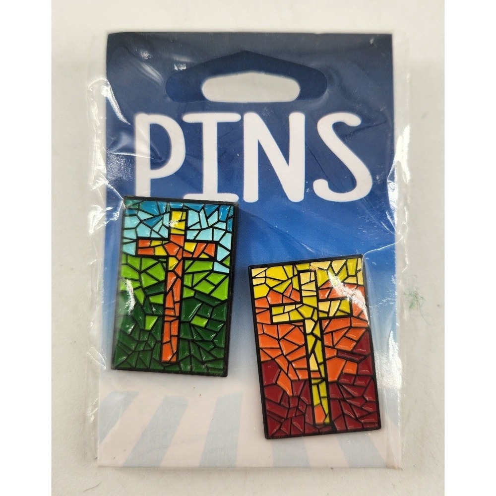 New‎ Kalan Stained Glass Cross Lapel Pin Set Multicolor Mosaic Religious